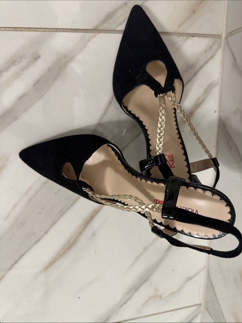 Black Pointed Slingback Heels with Gold Braided Straps